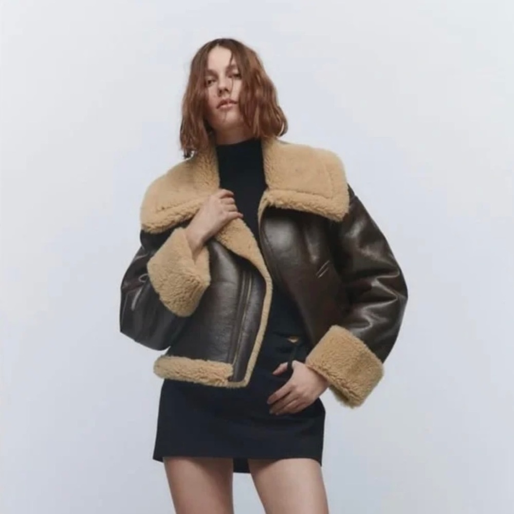 Zara FAUX FUR JACKET BEIGE-BROWN